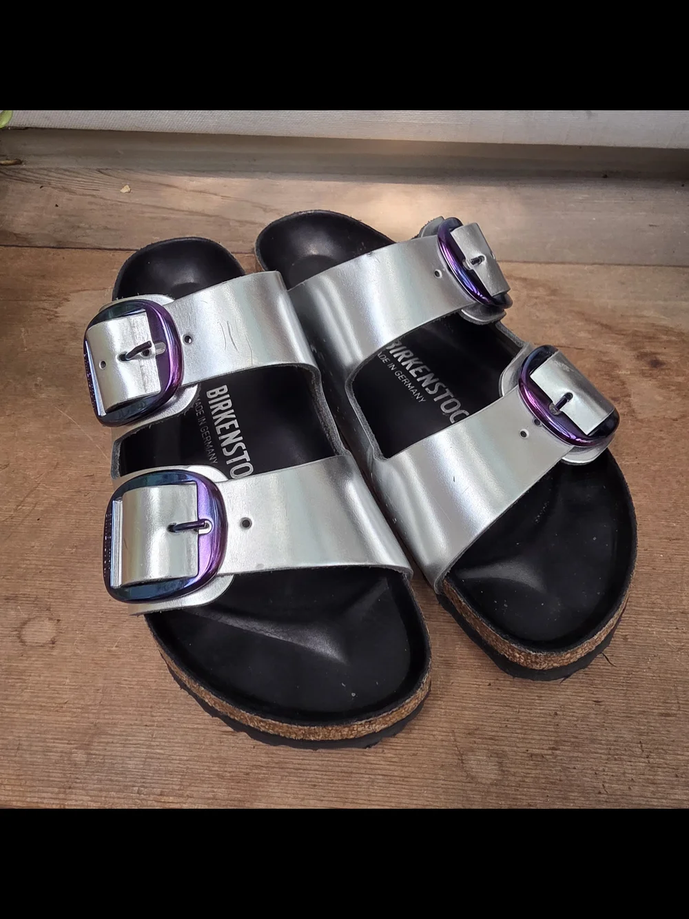 Birkenstock Arizona Metallic Silver Slide Sandals with Iridescent Buckles - Picture 2 of 7